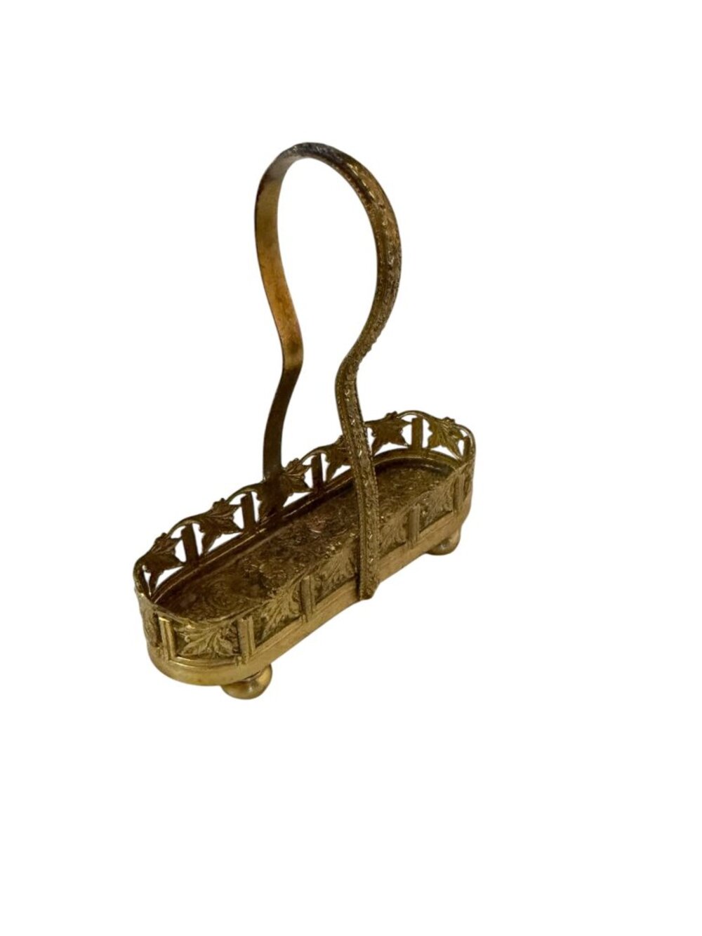 Vintage Gold Tone Vanity Basket Holder Miniature Filigree Handle Tray